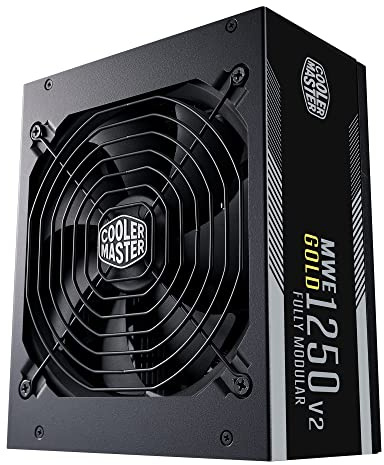 Cooler Master MWE 1250 Gold V2 Fuente de Alimentación Modular (Enchufe UE) - 80 Plus Gold 1250W, Cableado Negro Plano, Ventilador FDB 140mm, Modo 0 RPM, Umbral de Temperatura 50°C - Garantía 10 años