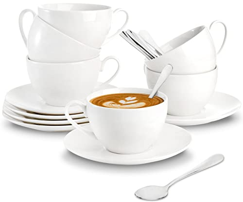 Foraineam Espresso Cups with Saucers and Spoons, 6 oz White Tea Cup Set, Porcelain Coffee Cup and Saucer Set with Stainless Steel Spoon for Specialty Coffee Drinks, Latte, Cafe Mocha and Tea, Set of 6