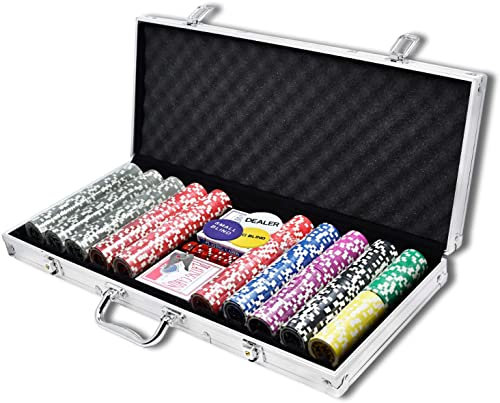 LARS360 Pokerkoffer mit 500 Laser Pokerchips, 11,5g Abschließbar Pokerkarten Zubehör Deluxe Pokerset, Casino Chipszahl, 55,5x20,5x6,4cm, Silber
