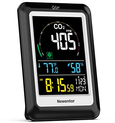 Newentor CO2 Monitor, Air Quality Monitor Indoor Carbon Dioxide Detector with Voice Alert Large Display, Temperature Humidity, Alarm Clocks for Home, RV, Office, Classroom, 400-5000ppm, Black