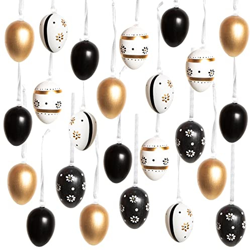 Ostereier-Anhänger, 24er Set: Kleine Osteranhänger aus Plastik, Osterdeko zum Aufhängen, Deko Ostern, Für Osterstrauch, Frühlingsdeko, Schwarz, Weiß & Gold, Modern, Indoor Osterschmuck hängend, 4 cm