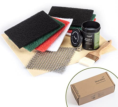 Skandika Dutch Oven, Set limpieza para ollas de hierro fundido | pasta de quemar/limpieza, limpiador de anillos de acero inoxidable, pincel, bayeta, estropajos especiales para estas ollas