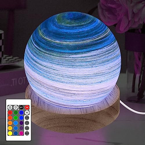 HONPHIER 3D Lampe LED Planète Lampe Boule de Verre Dimmable Lumière d'ambiance Lampe De Table Base en Bois RGB 16 Couleurs USB Veilleuse pour Chambre Salon Décoration Cadeau Noël, 8 CM (A)