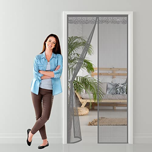 Fliegengitter Tür Magnet 225 x 260 cm Magnetische Adsorption, Faltbar Fliegengitter Meterware Fliegennetz Klettband, Klebemontage Ohne Bohren für Wohnzimmer Terrassentür, Grau A