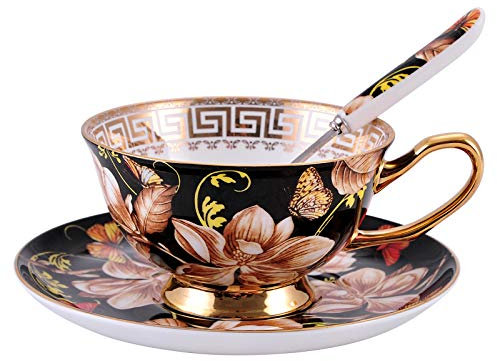 DYPASA Angelzubehör Black Magnolia Kaffeetasse und Untertassen Bone China Kaffeetasse Set Handgemalte Gold-Teetasse Set 220ml Kreatives Geschenk Kleinteilebox