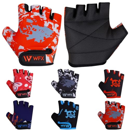 WFX Kids Cycling Gloves Short Half Finger Fingerless Gloves Padded Fastened Children Kid BMX Bike Safety Hand Protect Cycling Climbing Weight Lifting Workout Bicycle Gloves (Red Camo, L)
