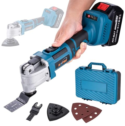 KATSU FIT-BAT 21V Multiherramienta Oscilante Inalámbrica Brushless Motor sin Escobillas con 3,0 Ah Batería y Cargador, 6 Velocidades, Sistema de Cambio Rápido, para Lijar, Raspar y Tronzar
