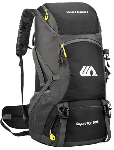 Taeku Wanderrucksack, 50L Wasserdichter Leichter Trekkingrucksack Outdoor Reiserucksack Wandern Großer Rucksack Für Bergsteigen Camping Reisen Sport (Schwarz)