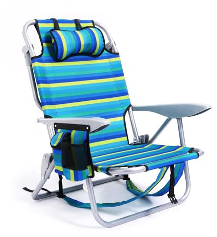 Canpsky Portable Beach Chair for Adults, Outdoor Camping Chair Lay Flat Folding Backpack Beach Reclining Chair with 5 Positions, Headrest, Cup Holder, Heavy Ocean Striped