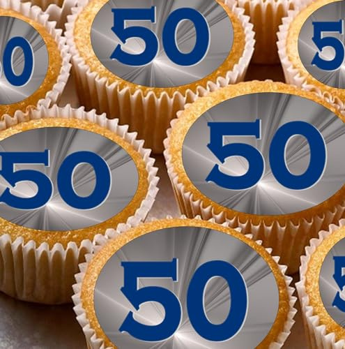 24 50th blue grey silver PRE CUT edible birthday party Cupcake Cake Toppers Wafer Rice Paper precut decoration