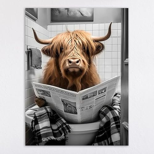 HEWOOJA Toiletten-Bild Hochlandrind auf WC - Wand-Deko Bilder Lustiges Geschenk（Rahmenlos） (H, 60 * 80)