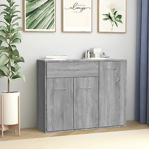 Tino Tech 88x30x70 cm Sideboard mit Schublade Schlafzimmermöbel Aufbewahrungsschrank Beistellschrank mit Tür Flurmöbel Esszimmermöbel Schubladenschrank Highboard Holzwerkstoff Grau Sonoma