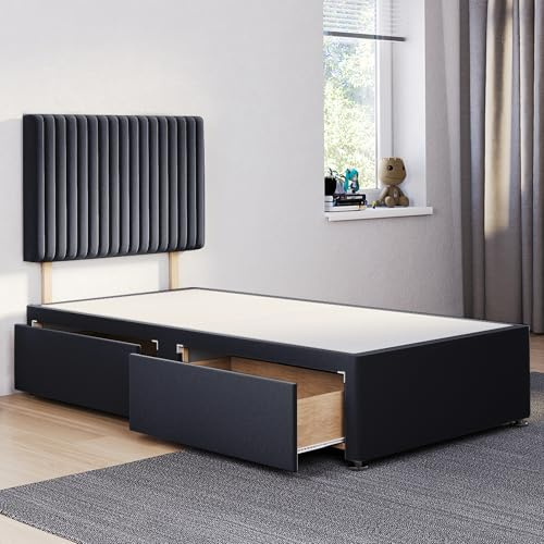 ComfoRest 3FT Single Divan Bed with 2 Drawers - 24 Black Malia Headboard | Made in Britain, 91.5 x 190.5cm, 24in headboard, Black Plush fabric, 2 space-saving storage drawers