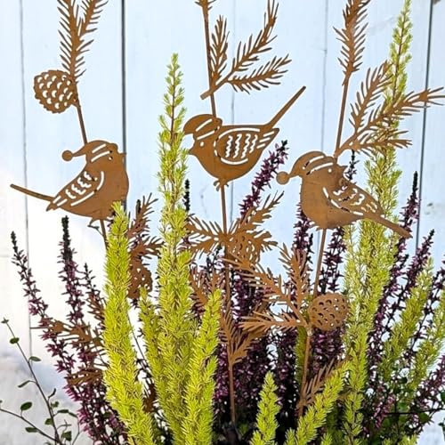 Storm's Gartenzaubereien Winterliche Metallspatzen mit Mütze Set aus 3 Gartensteckern Wetterfest - Rost-Optik 41cm groß, Deko für Advent, Weihnachten - Winterdeko