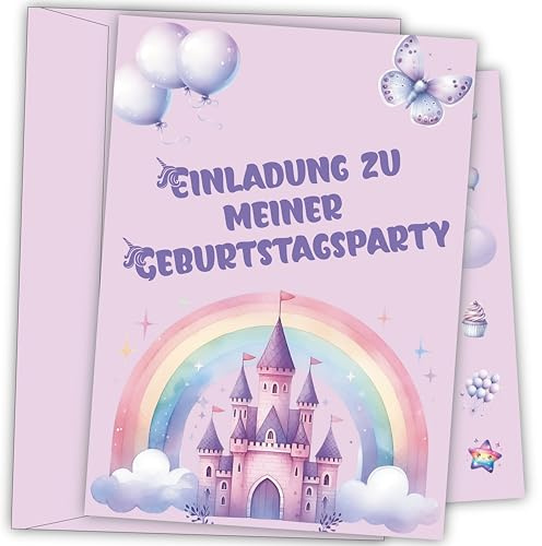 Damalia | 12 Einladungskarten inkl. 12 passender Umschläge | Kindergeburtstag | Mädchen | Einhorn Schloss | Tiere | Kinderparty | DIN A6 | Einladung | Geburtstag | klein und groß | SchlossEinhorn002