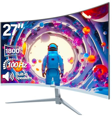 Gawfolk Curved Monitor 27 Inch 100Hz, PC Gaming Monitor with Speakers, AMD FreeSync Full HD 1080p Ultra-Thin Zero Frame Display for Home Office Business (White)
