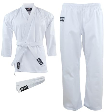 DXM SPORTS Karate Uniform for Kids & Adults Lightweight Student Karate Gi Martial Arts Uniform with Belt (White, 160)