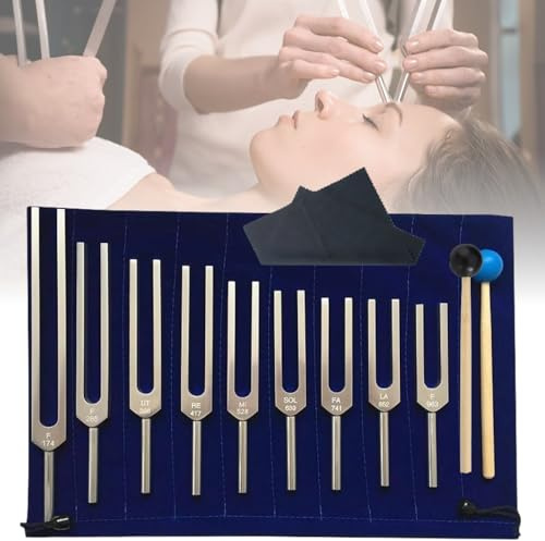 Stimmgabeln für Heilung, 9 Stück, Aluminiumlegierung, Chakra-Heilung, Musik-Stimmgabel (174/285/396/417/528/639/741/852/963Hz) mit Reflexhammer für Chakra, Heilung, Klangtherapie, DNA-Reparatur