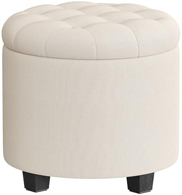 SONGMICS Sitzhocker rund, Fußhocker mit Stauraum, Schminkhocker mit Füßen, 45 x 45 x 44,5 cm, Leinenimitat, bis 150 kg belastbar, für Wohnzimmer Schlafzimmer, Hellbeige LOM011W01