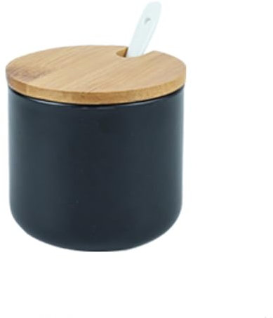 Sucrier en céramique de 250 ml avec couvercle et cuillère en bois, pot à épices pour sel, sucre, café, thé, condiments pour la maison, la cuisine, le café, le bar – Noir