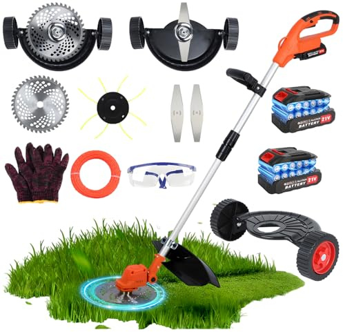 Cortadora de césped inalámbrica de 650 W, desbrozadora inalámbrica 3 en 1, 2 desbrozadoras de batería de 2000 mAh, desbrozadora eléctrica ligera con ruedas, cortadora de césped para patio, jardín