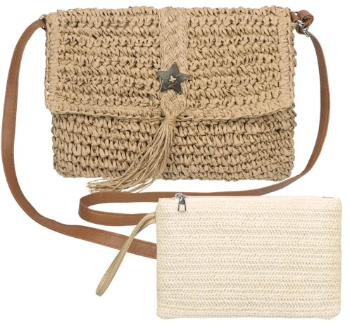 Minicloss Straw Bag for Women Straw Purse Clutch Bags Summer Beach Crossbody Bag with Zipper, Bohemian Woven Handbags for Women Summer Beach Holidays Travel