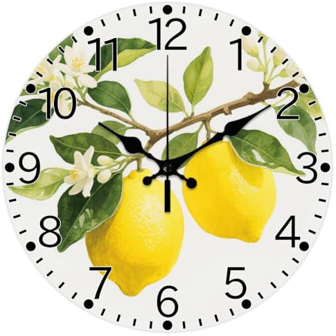 CHGCRAFT Lemon Pattern Wall Clock 12 Inch Non-Ticking Flower Plant Clocks Round Wall Hanging Clock Battery Operated for Bedroom Living Room Kitchen Office