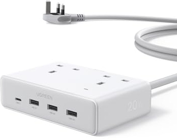 UGREEN Extension Lead with 4 USB Slots, 2 Way 2990W Max Multiple Plug with 1.5m Extension Cable, Compatible with iPhone 17/16/15/14, iPad Pro/Mini, Suitable for Home/Office, White