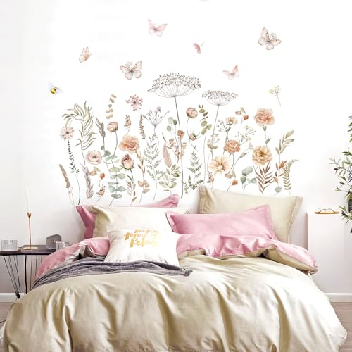 fufuquare Aquarell Boho Blumen Wandtattoos mit Wildblume Schmetterling und Biene, Vintage Kunst Abziehen und Aufkleben Wandaufkleber für Baby Kinderzimmer, Mädchen Schlafzimmer Wohnzimmer