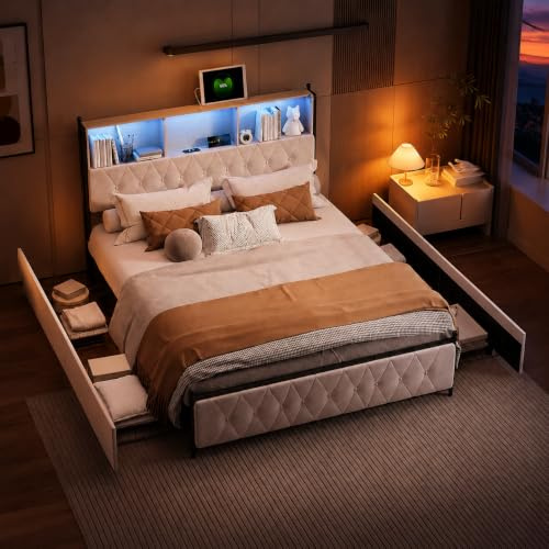 Vadderad dubbelsäng, 180 x 200 cm, säng 180 x 200, med vadderat sängunderlag med LED och USB, bagagesängar med 4 lådor, lätt att montera, sammet, utan madrass (beige-B, 180 x 200)