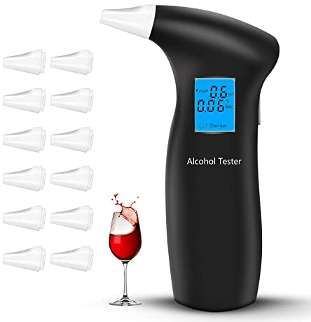 Breathalyzer Alcohol Tester with 12 Mouthpieces, Professional Breathalysers Portable Alcohol Breath Tester Digital Breathalyzer with Digital Blue LCD Display