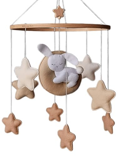 Baby Mobile Hase – Schlafender Hase auf Mond mit Filzsternen | Neutrale Babymobile für Jungen & Mädchen | Handgemachtes Kinderzimmer Deko | Geschenk zur Geburt