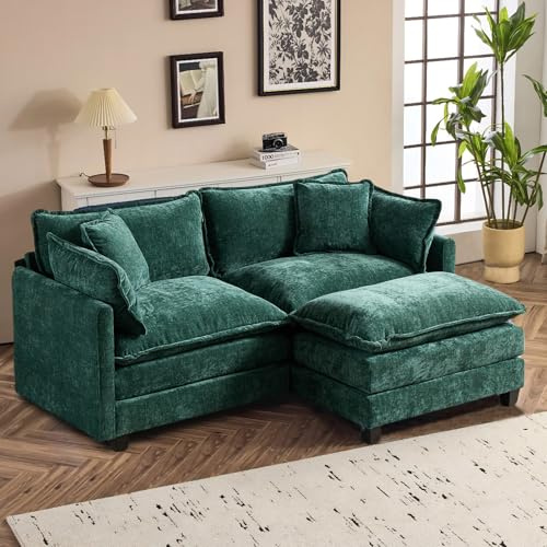 SoarFlash Modulares Wohnzimmer-Sofa, Chenille mit Doppelkissen, Grün 2-Sitzer + 1 Hocker(L)