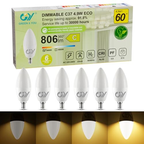 GY Lámpara LED regulable E14 de bajo consumo C37 blanco cálido 3000 K, paquete de 6 unidades