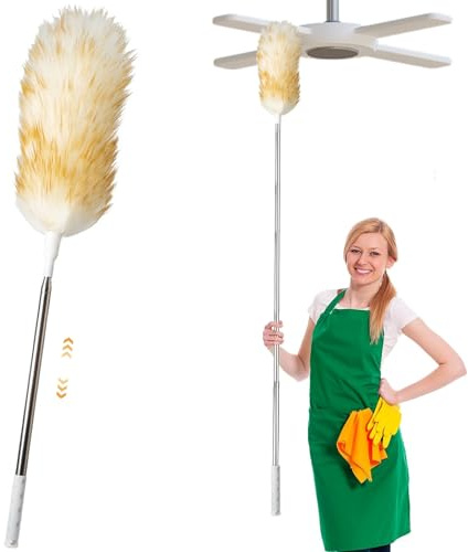 Lambswool Duster, 140CM Feather Duster Extendable Dusters for Cleaning Reusable Lambswool Cleaner Pole Long Telescopic Wool Dusters for High Ceilings Lights Home Office Cleaning