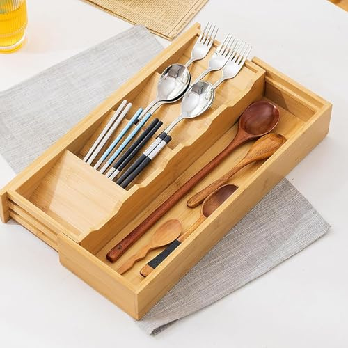 TEGOVE Portaposate da Cassetto in Bambù,Porta Posate Cucina Cassetto Regolabile,Vassoio Portaposate Espandibile da 14 cm a 24 cm,Organizer Cassetti Cucina per Forchette, Coltelli, Cucchiai