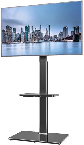 TV Standfuß TV Ständer TV Bodenständer Fernsehstand Fernsehtisch mit Halterung höhenverstellbar für 19 bis 42 Zoll LED LCD TV Bildschirm, 2 Regale schwarz HT2001BP