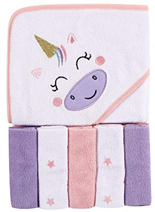 Luvable Friends Unisex Baby Kapuzenhandtuch mit fünf Waschlappen, Einhorn, Einheitsgröße