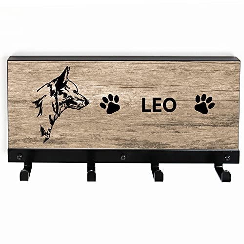 Tierisch-tolle Geschenke Australian CATTLE DOG Leinengarderobe mit 4 Haken | Hundegarderobe | Leinenhalter mit Hundemotiv, Pfoten & und Wunschname (Holzoptik)