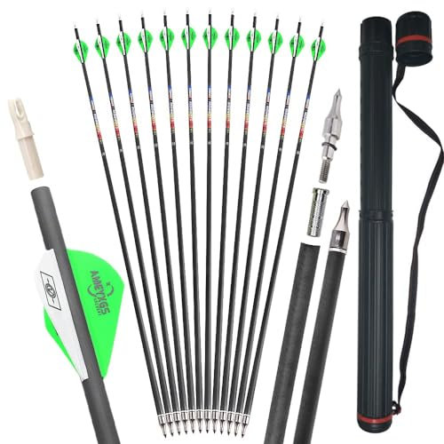 SHARROW 12P 100% Reines Carbon Pfeile 32 Zoll Pfeile für Bogenschießen Spine 600 Zielbogenschießen Jagdpfeile Pfeile Bogen Pfeile für Recurvebogen Compoundbogen Bogensport (Spine 600, Köcher+Pfeile)