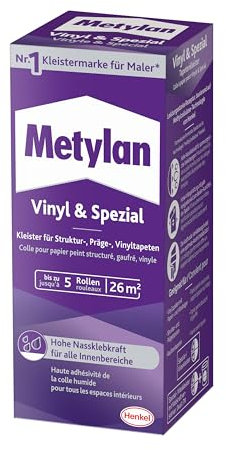 Metylan Vinile e speciale, colla per carta da parati strutturale, goffratura e vinile, stabilità ottimale e facile allineamento, colla ad alta resa, trasparente, 1 x 180 g