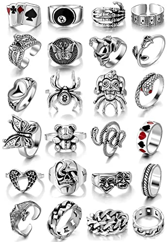 KISS WIFE Cool Rings Set for Women, Vintage Silver Punk Rings Bulk, Gothic Chunky Knuckle Emo Stackable Finger Ring Pack Western Jewelry Gift for Her (Gothic)