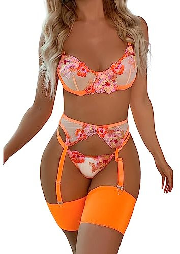 Aranmei Sexy Lingerie Set for Women Naughty 4 Piece Lingerie Set with Floral Embroidered Lace Sheer Underwire Bra with G-String Thigh Bands with Garter Belt Lingerie Set, Orange, XL