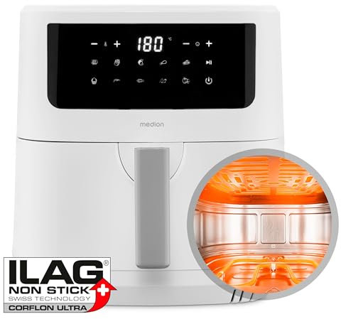 MEDION P10 XL Duo Heißluftfritteuse (6,8 Liter XXL, Airfryer, 2.150 Watt, zwei Heizelemente aus Edelstahl, Schüttel Alarm, 9 Automatikprogramme, Touch Bedienfeld, LED Anzeige) weiß