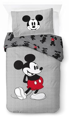 Jay Franco Juego de Cama de Mickey Mouse Disney a Rayas con Funda de edredón para Cama Individual de algodón Afelpado - Incluye una Funda de Almohada de 50 x 70 cm