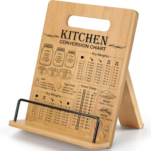 Bamboo Cookbook Stand for Kitchen Counter, Recipe Book Holder with Measurement Conversion Chart, Adjustable Cookbook Holder, Essential Accessories Women Gifts for Birthday Mothers Day