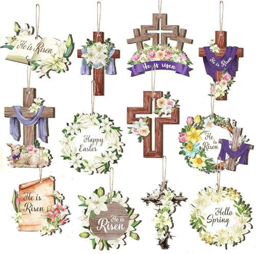 Easter Ornaments for Tree Wood Both-Sided Printing, 24 Pcs Easter Christmas Tree Decorations Hanging Ornaments for Holiday Home Indoor Outdoor Decorations