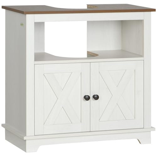 kleankin Meuble sous lavabo Salle de Bain Meuble sous Vasque Armoire de Rangement pour lavabo - Niche et Placard à Portes Doubles, 60 x 30 x 60 cm, Blanc
