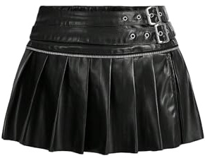 GORGLITTER Women's Leather Slit Pleated Mini Skirt Low Waist Double Belted A Line Punk Clubwear Skirts