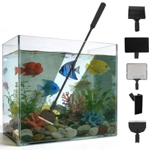 Akvarium rengöringsset 5-i-1 set med 50 cm vindrutetorkare och algskrapa för glasbassänger, med borste, nät, grusrake, svamp och vinkelborste – akvarietillbehör för Nano mini akvarium och fisktank